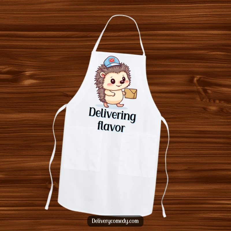 Funny hedgehog mail carrier apron, featuring a determined hedgehog in a mail hat with a parcel.