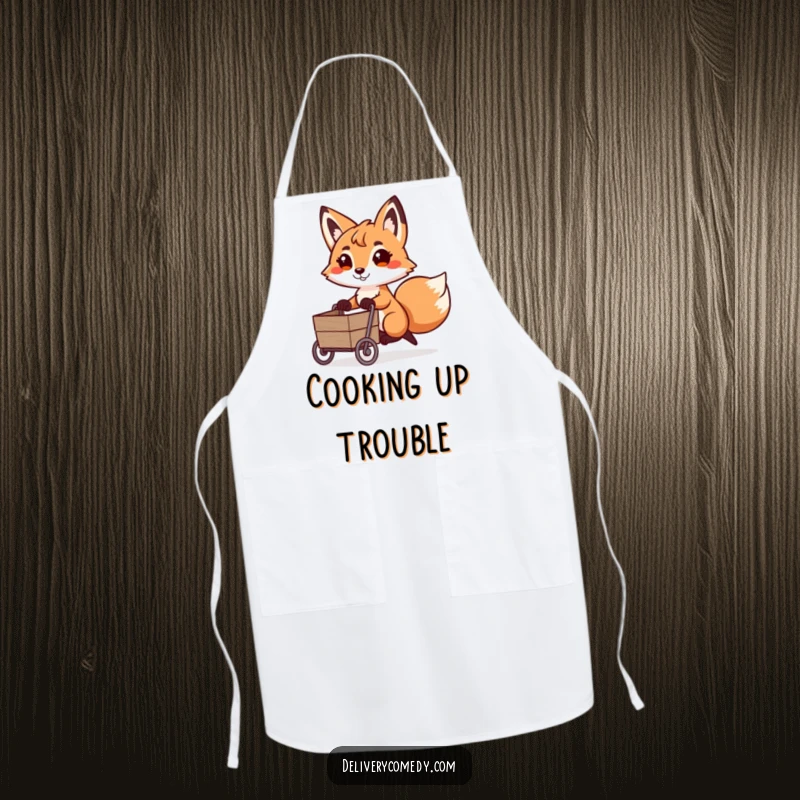 Funny fox cart puller apron, depicting a playful fox with a determined expression pulling a miniature cart.
