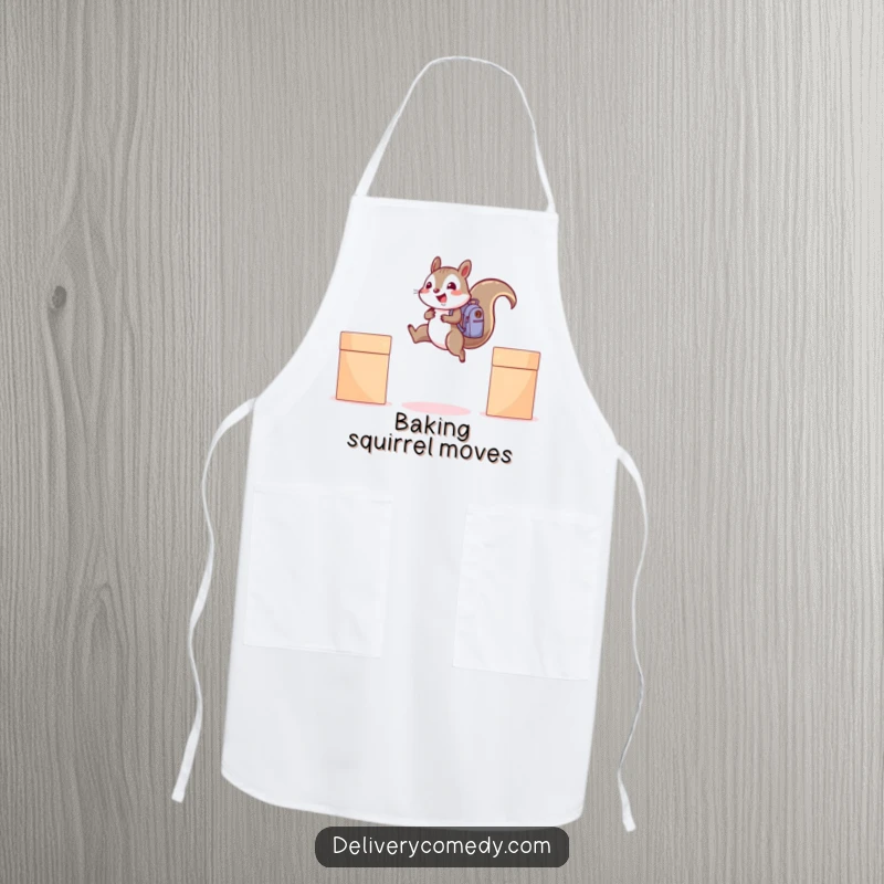 Funny squirrel backpack apron, depicting a cheerful squirrel with a backpack leaping between everyday items.