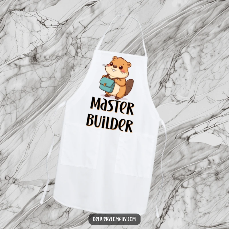 Funny beaver messenger bag apron, depicting a diligent beaver with a messenger bag carefully balancing a package.