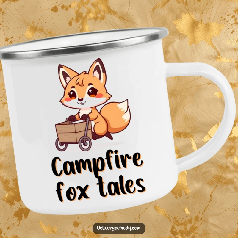 Funny fox cart puller camping mug, showing a determined fox pulling a miniature cart with a playful expression.