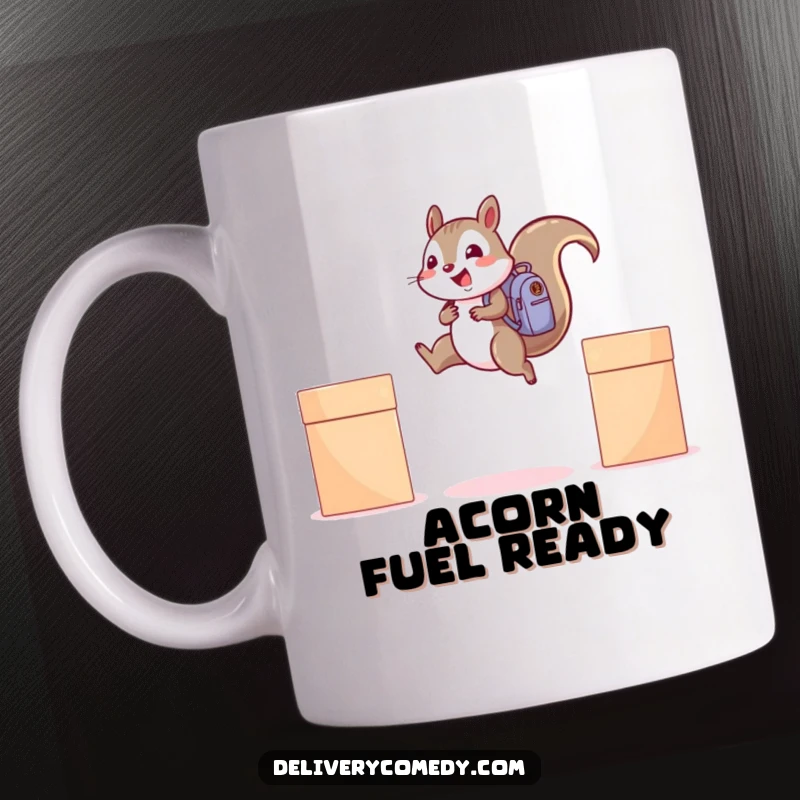 Funny squirrel backpack mug, a cheerful animal with a backpack leaping between boxes with joy.