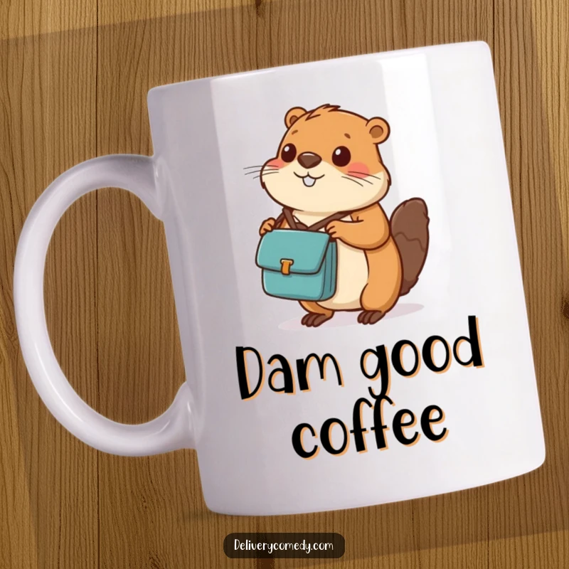 Funny beaver messenger bag mug, a diligent animal with a bag expertly balancing a small package.
