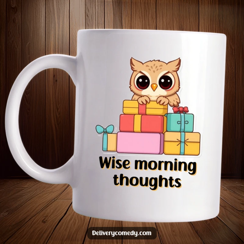 Funny curious owl mug, an owl peeking from a stack of colorful parcels with wide, inquisitive eyes.