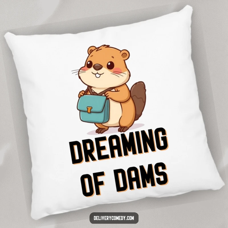 Funny beaver messenger bag pillow, showing a diligent beaver with a messenger bag balancing a tiny parcel.