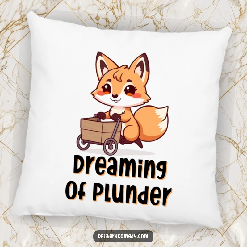 Funny fox cart puller pillow, featuring a determined fox pulling a miniature cart with a playful look.