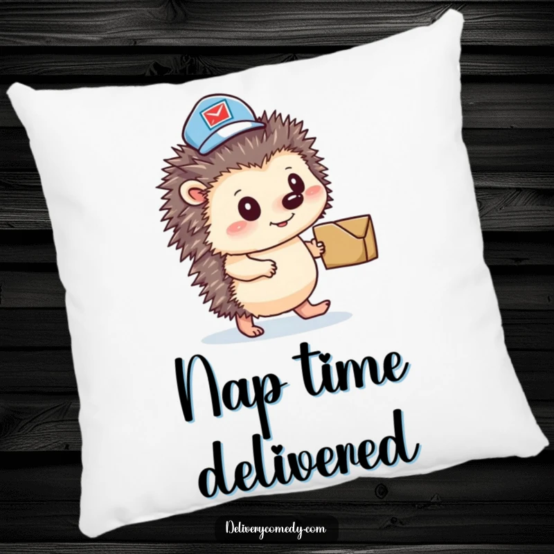 Funny hedgehog mail carrier pillow, showing a determined little mail-carrying hedgehog ready to deliver.