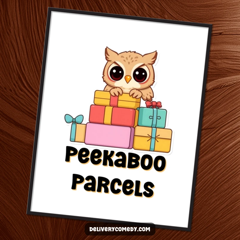 Funny curious owl digital art print, a wise owl peering curiously from a stack of colorful parcels.