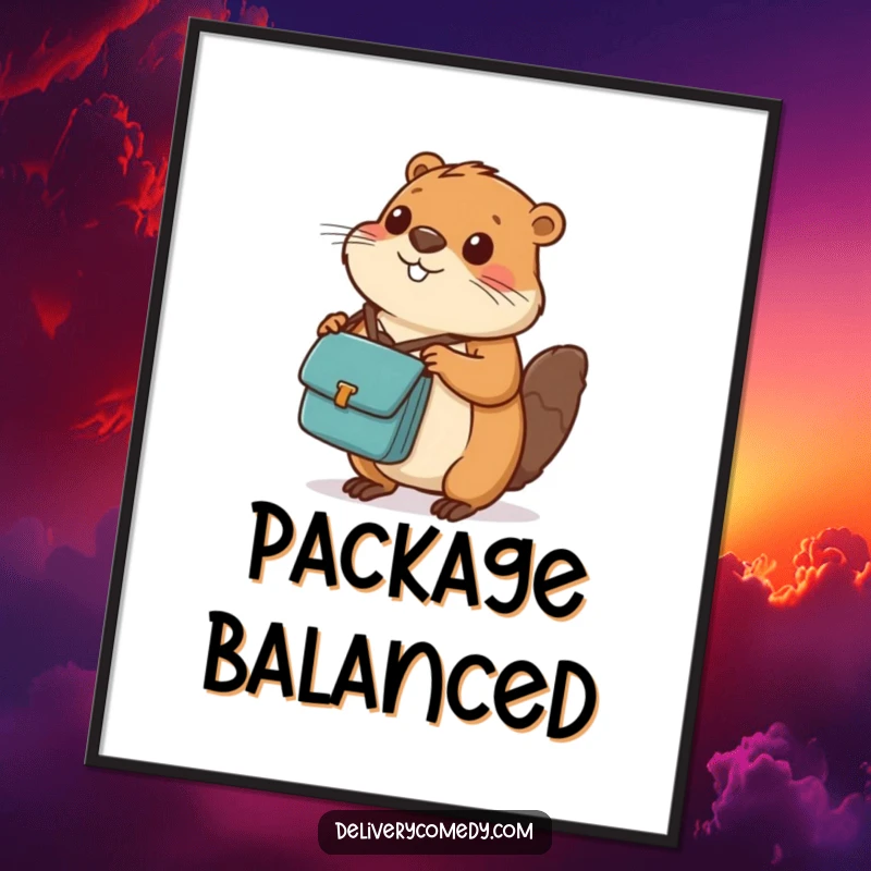Funny beaver messenger bag digital art print, a diligently balancing beaver with a messenger bag and package.
