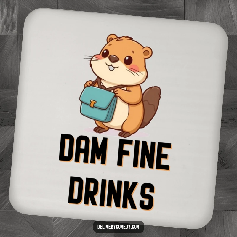 Funny beaver messenger bag drink coaster, a diligent beaver with a messenger bag balancing a package.