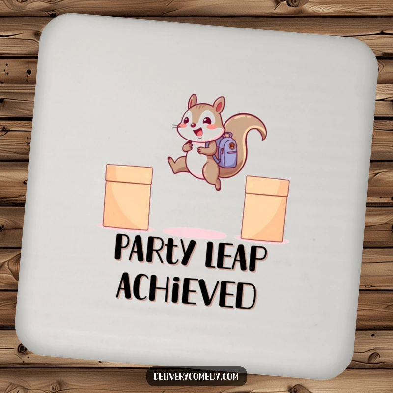Funny squirrel backpack drink coaster, a cheerful squirrel with a backpack leaping between boxes.