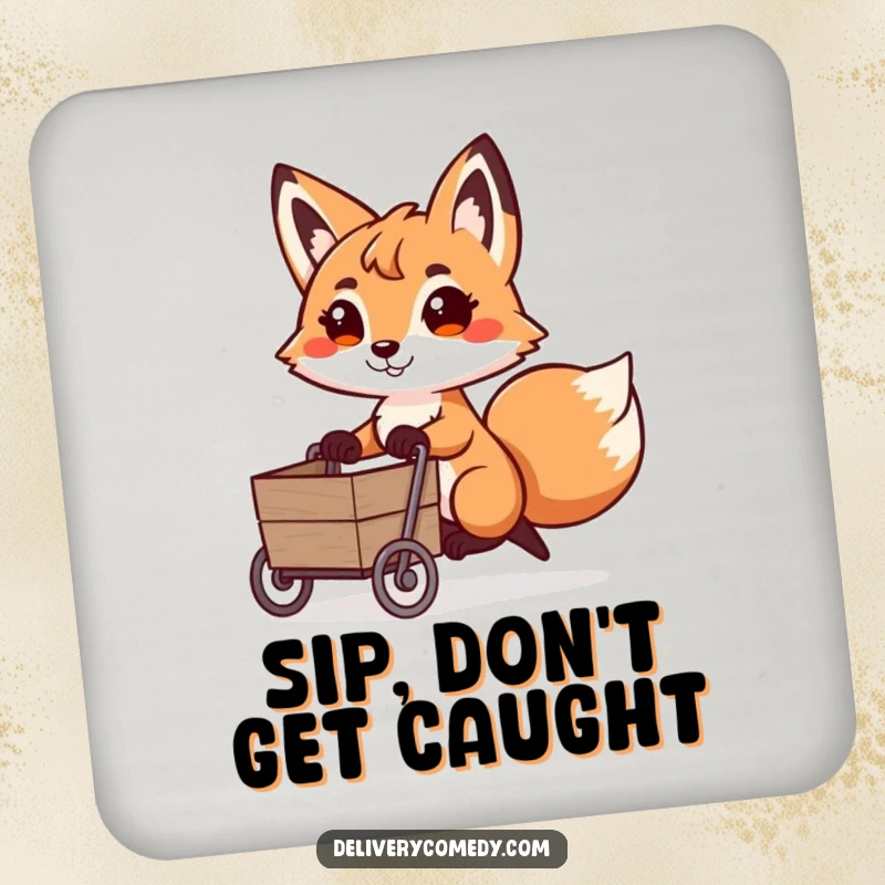 Funny fox cart puller drink coaster, a determined fox pulling a miniature cart with a playful look.