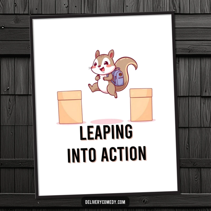 Funny squirrel backpack poster, a happy squirrel with a backpack captured mid-leap between two boxes.