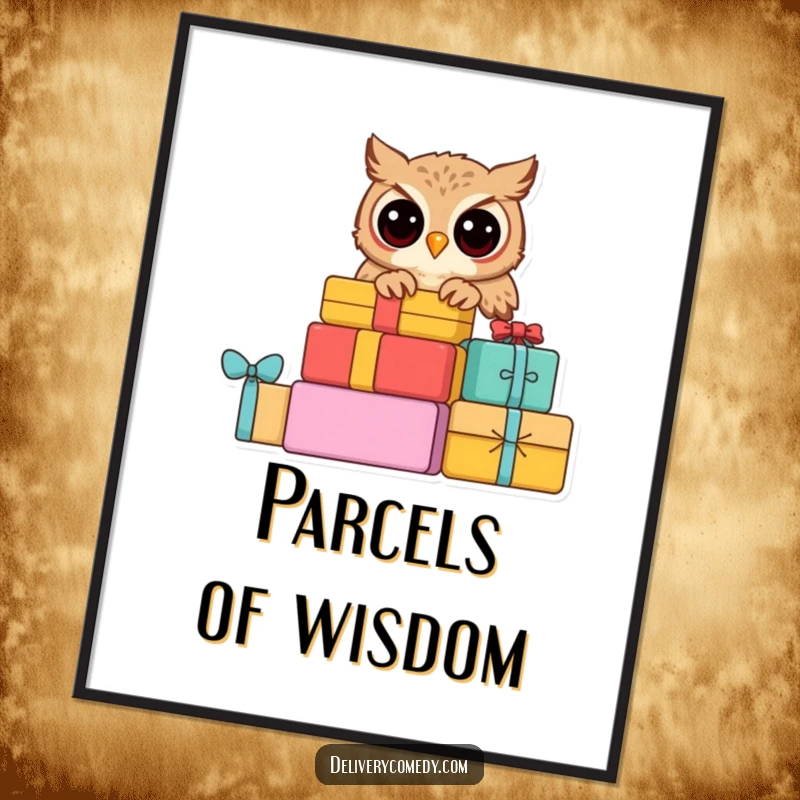 Funny curious owl poster, depicting a wise owl peering from a stack of colorful parcels with curiosity.