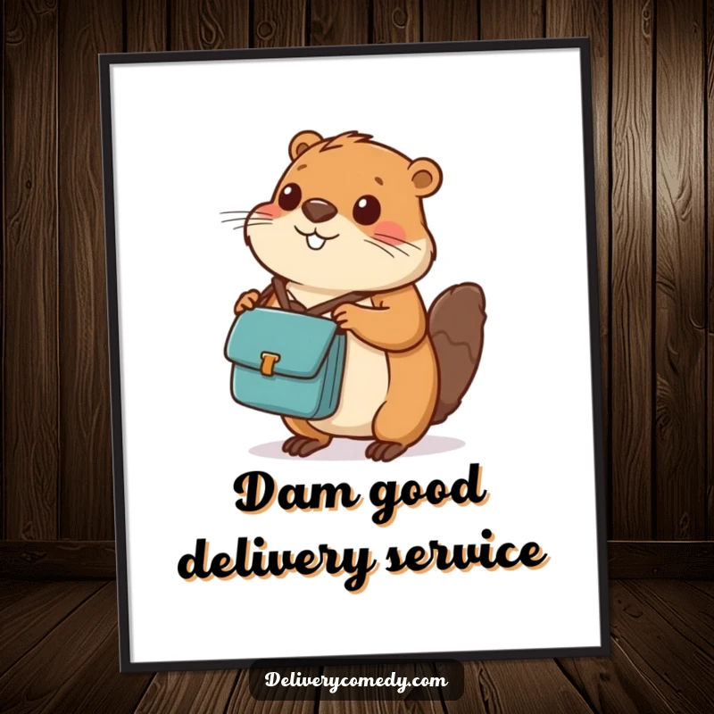 Funny free printable wall art: a diligent beaver wearing a tiny messenger bag, expertly balancing a small package.