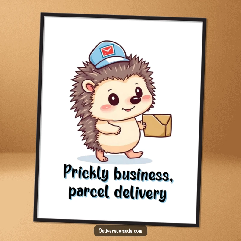 Funny free printable wall art: a determined hedgehog mail carrier in uniform, pushing a small parcel with a smile.
