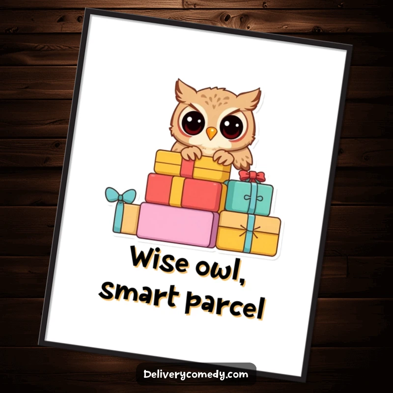 Funny free printable wall art: a curious owl peeking out from a stack of colorful parcels with a knowing look.