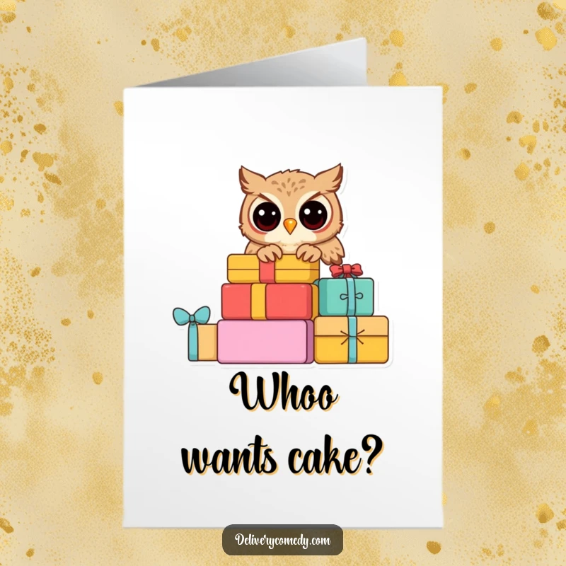 Funny free printable birthday card: a curious owl peeking from a stack of colorful parcels, ready to celebrate.