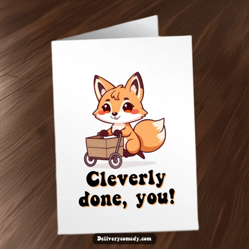 Funny free printable congratulations card: a playful fox determinedly pulling a miniature cart loaded with achievements.