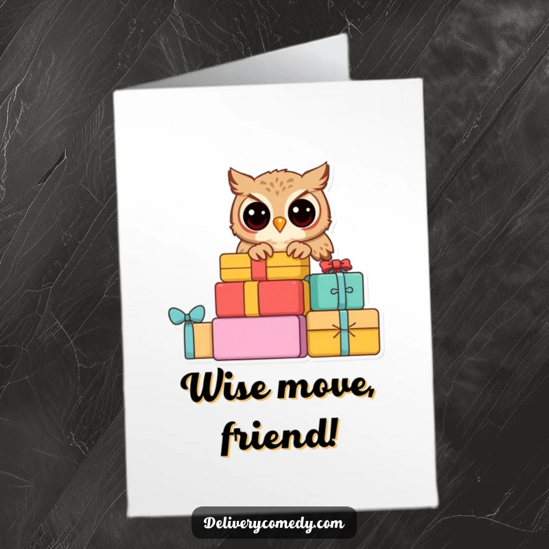 Funny free printable congratulations card: a curious owl peering from colorful parcels, celebrating a big win.