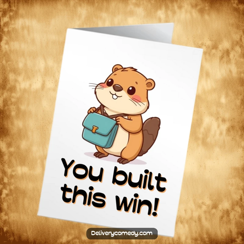 Funny free printable congratulations card: a diligent beaver with a messenger bag expertly balancing a tiny package.