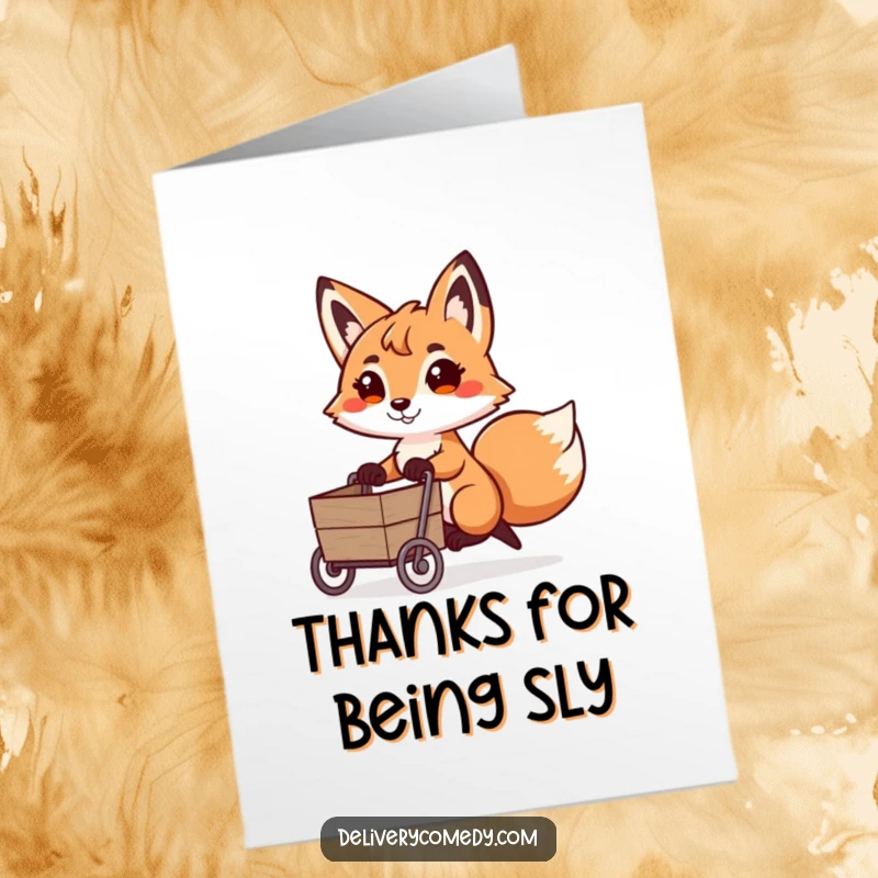 Funny free printable thank you card: a playful fox pulling a small cart with a determined expression to say thanks.
