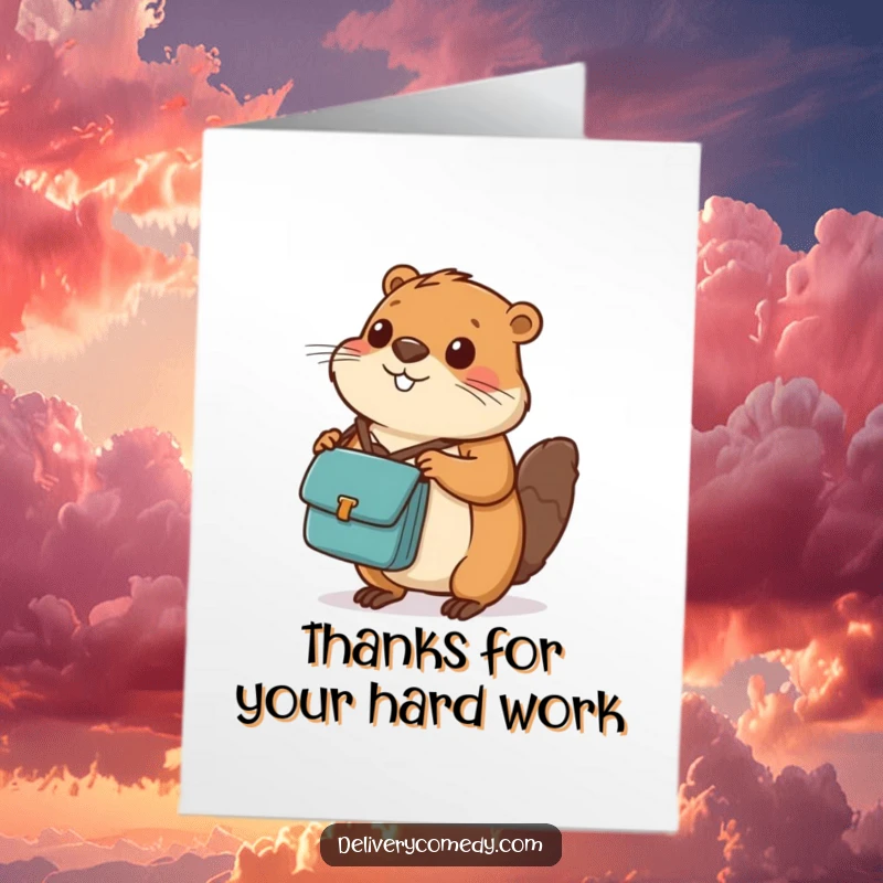 Funny free printable thank you card: a diligent beaver wearing a messenger bag balancing a tiny package to say thanks.