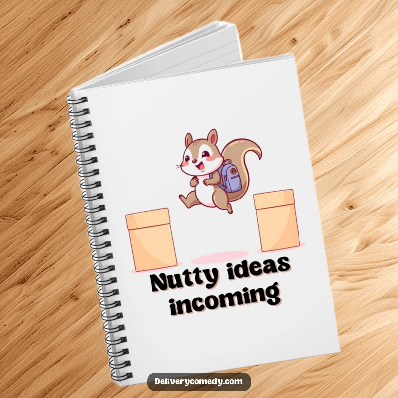 Funny squirrel backpack notebook, featuring a cheerful squirrel with a backpack leaping between boxes.