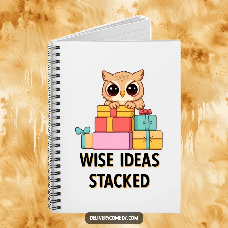Funny curious owl notebook, featuring a wise owl peeking from a stack of colorful parcels.