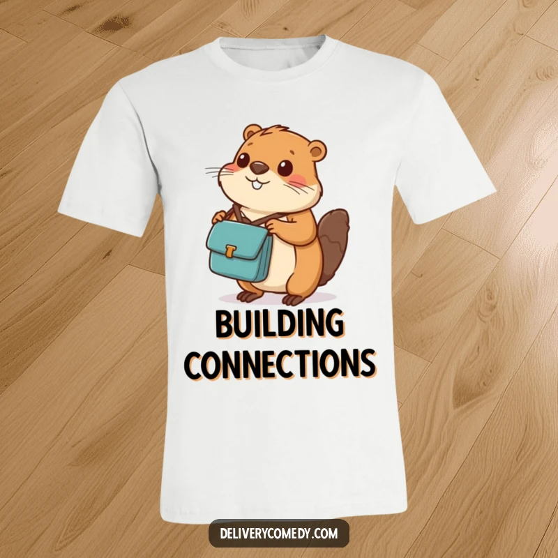 Funny beaver messenger bag t-shirt, a hardworking beaver with a messenger bag balancing a parcel.