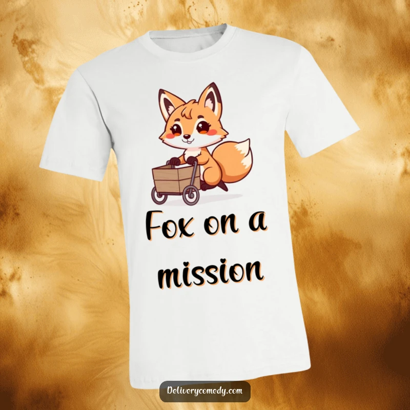 Funny fox cart puller t-shirt, a playful fox with a determined expression pulling a miniature cart.