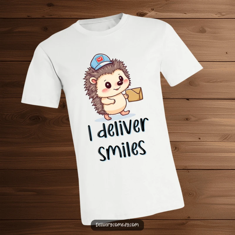 Funny hedgehog mail carrier t-shirt, a determined animal in a mail hat pushing a small package with a smile.