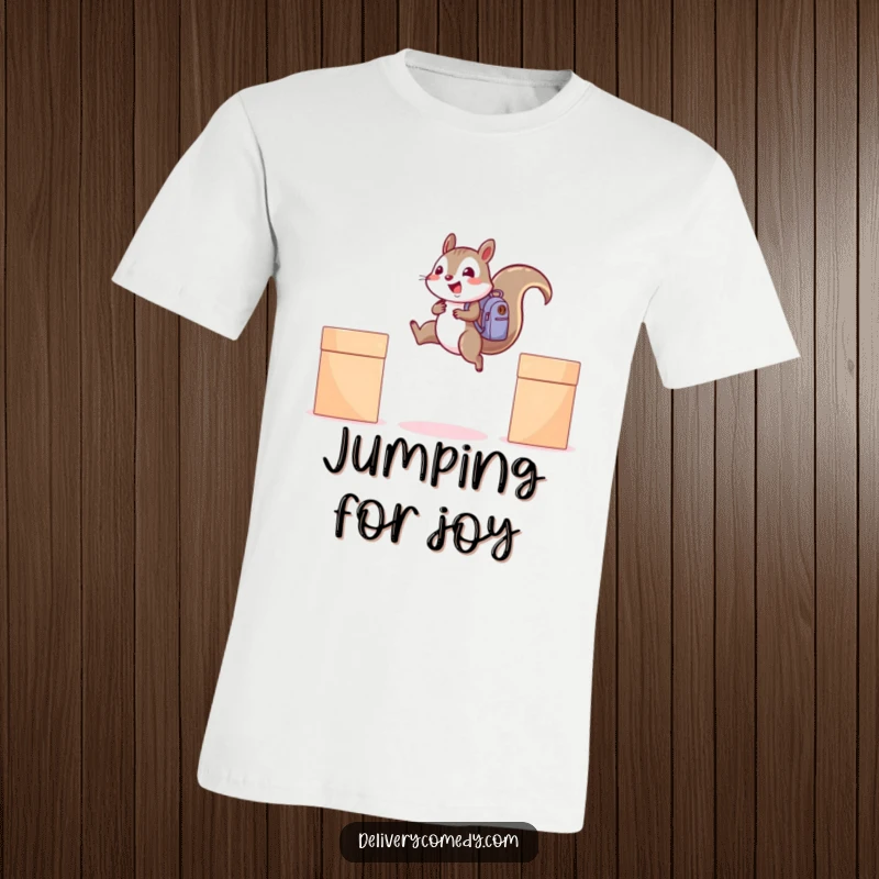 Funny squirrel backpack t-shirt, a happy squirrel with a mini backpack mid-leap between two boxes.