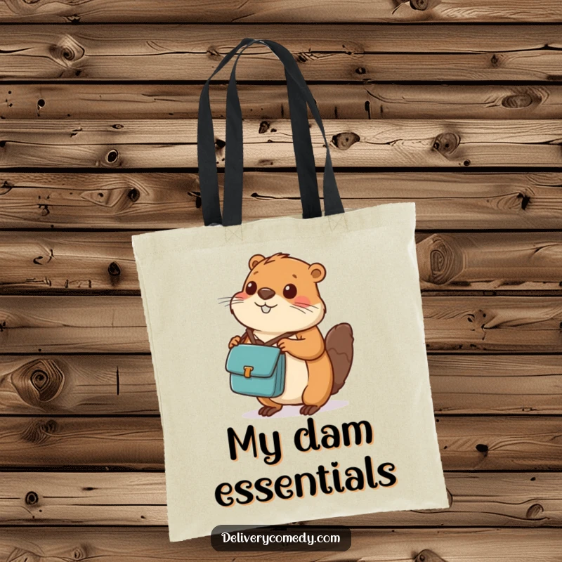 Funny beaver messenger bag tote bag, showing a diligent beaver with a messenger bag balancing a package.