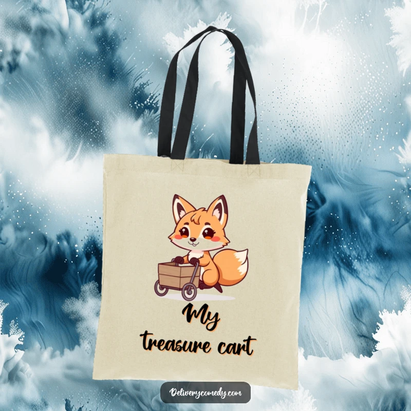 Funny fox cart puller tote bag, showing a playful fox with a determined expression pulling a miniature cart.