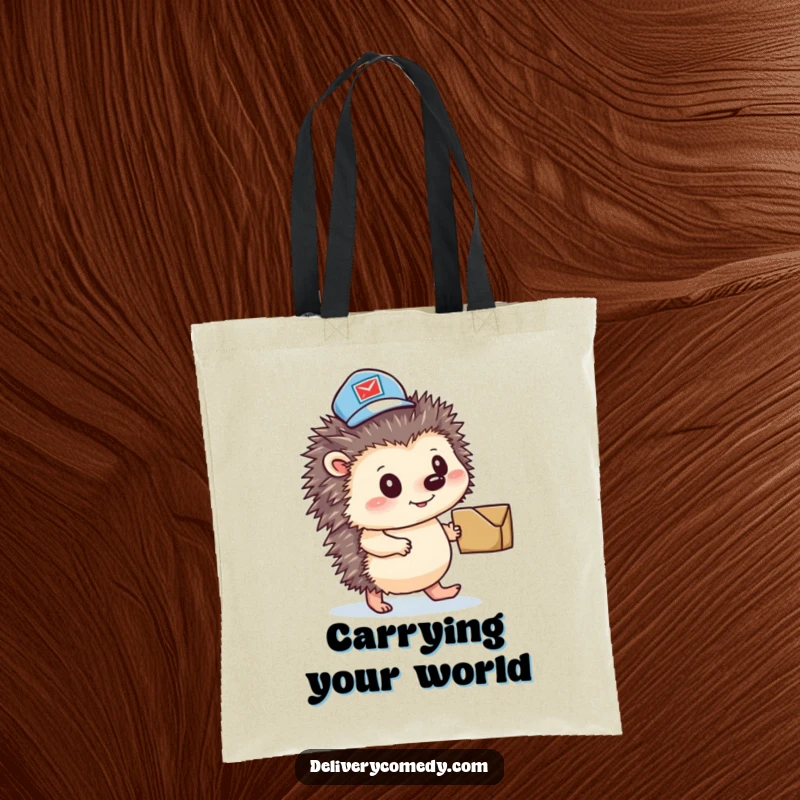 Funny hedgehog mail carrier tote bag, depicting a determined animal with a mail hat pushing a parcel.