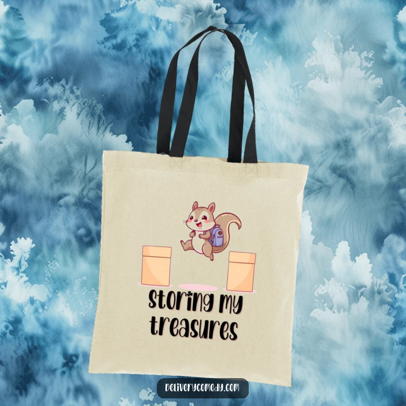 Funny squirrel backpack tote bag, showing a cheerful squirrel with a backpack leaping between items.